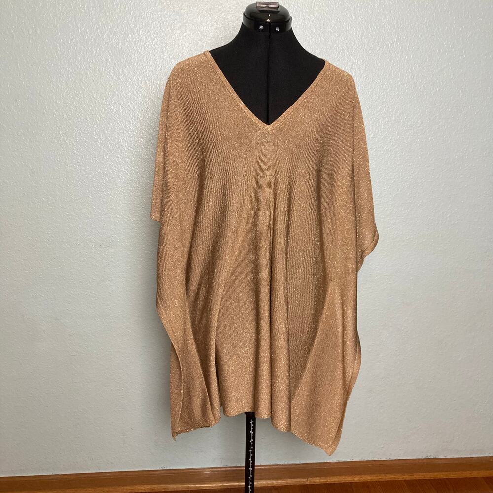 S M Chico's Glittery Sparkly Gold Stretchy Sweater shirt Kimono Flutter Sleeve